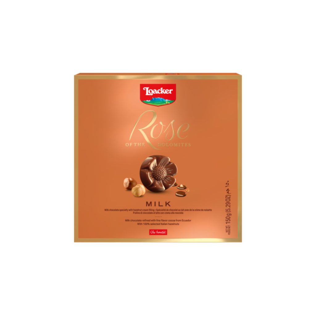Loacker Rose of the Dolomites Milk Chocolate with Hazelnuts 150g